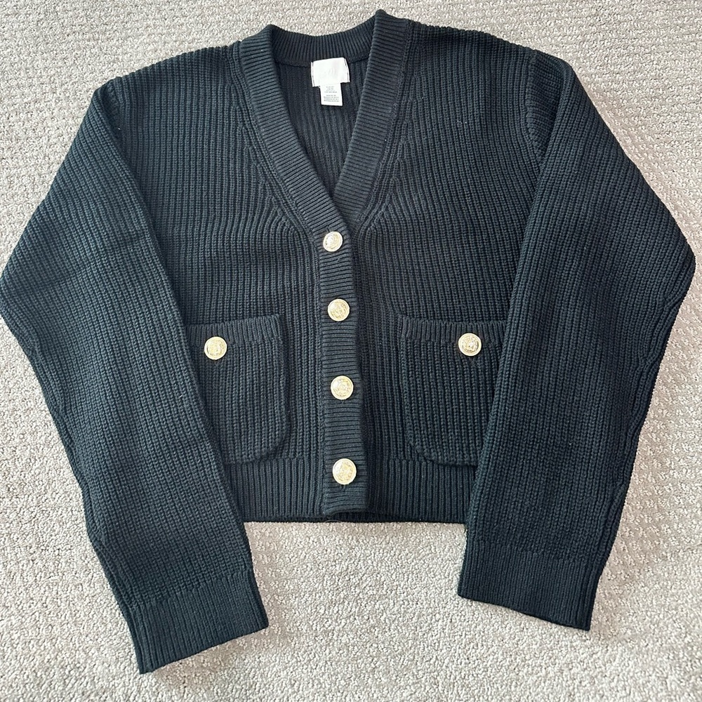 H&M Black Ribbed V-Neck Button Front Cardigan with Gold Buttons